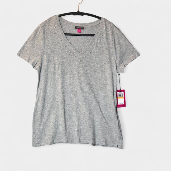 Vince Camuto Short Sleeve V Neck Top S Grey Relaxed Fit Embellished T Shirt NWT - Picture 1 of 9
